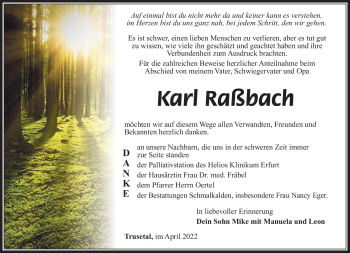 Traueranzeige von Karl Raßbach von Südthüringer Presse