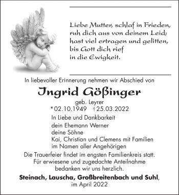 Traueranzeige von Ingrid Gößinger von Südthüringer Presse