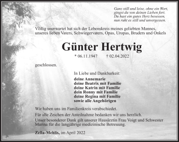 Traueranzeige von Günter Hertwig von Südthüringer Presse