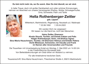 Traueranzeige von Hella Rothenberger-Zeitler von Frankenpost