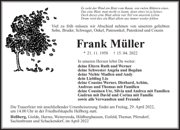 Traueranzeige von Frank Müller von Südthüringer Presse
