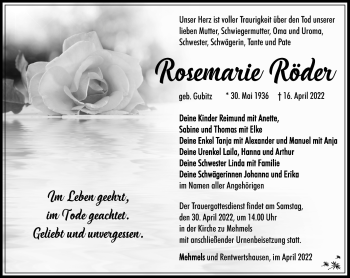 Traueranzeige von Rosemarie Röder von Südthüringer Presse