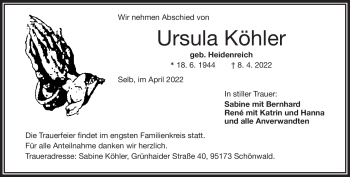 Traueranzeige von Ursula Köhler von Frankenpost