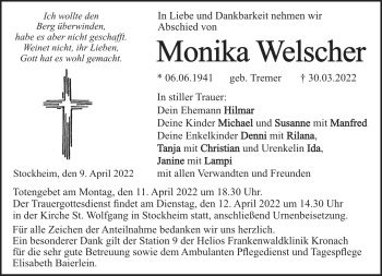 Traueranzeige von Monika Welscher von Neue Presse Coburg