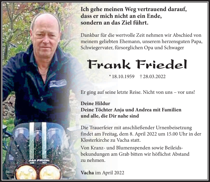  Traueranzeige für Frank Friedel vom 05.04.2022 aus Südthüringer Presse