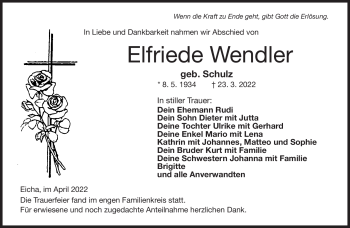 Traueranzeige von Elfriede Wendler von Neue Presse Coburg