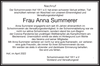 Traueranzeige von Anna Summerer von Frankenpost