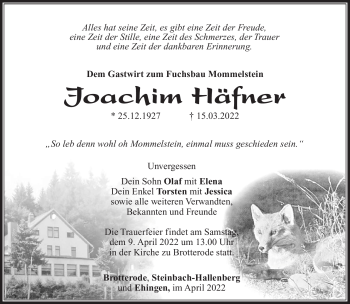 Traueranzeige von Joachim Häfner von Südthüringer Presse