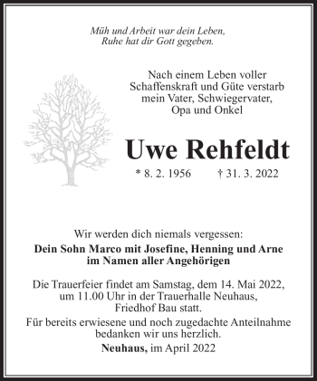 Traueranzeige von Uwe Rehfeldt von Südthüringer Presse