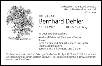 Traueranzeige von Bernhard Dehler von Neue Presse Coburg