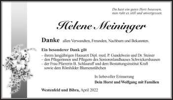 Traueranzeige von Helene Meininger von Südthüringer Presse