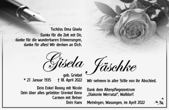 Traueranzeige von Gisela Jäschke von Südthüringer Presse