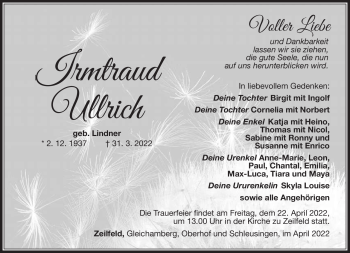 Traueranzeige von Irmtraud Ullrich von Südthüringer Presse