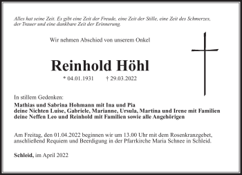 Traueranzeige von Reinhold Höhl von Südthüringer Presse