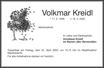 Traueranzeige von Volkmar Kreidl von Frankenpost