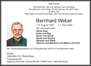 Traueranzeige von Bernhard Weber von Frankenpost