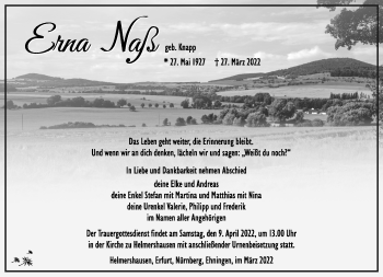 Traueranzeige von Erna Naß von Südthüringer Presse