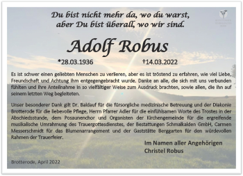 Traueranzeige von Adolf Robus von Südthüringer Presse