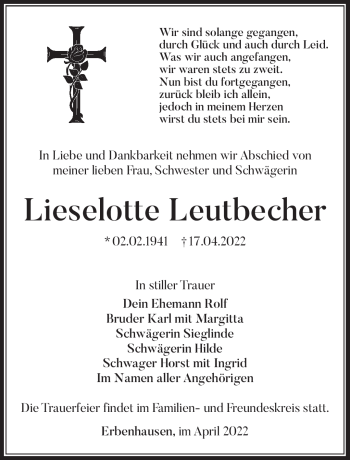 Traueranzeige von Lieselotte Leutbecher von Südthüringer Presse