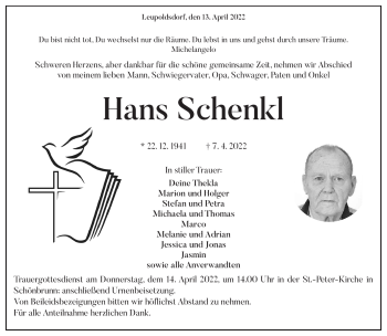 Traueranzeige von Hans Schenkl von Frankenpost