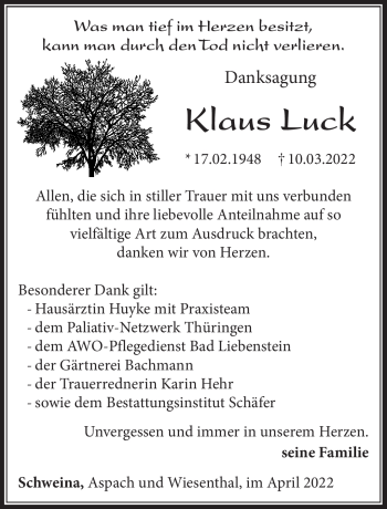 Traueranzeige von Klaus Luck von Südthüringer Presse