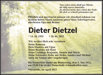 Traueranzeige von Dieter Dietzel von Südthüringer Presse