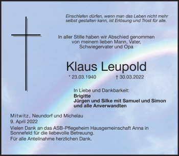 Traueranzeige von Klaus Leupold von Neue Presse Coburg