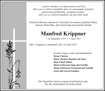 Traueranzeige von Manfred Krippner von Frankenpost