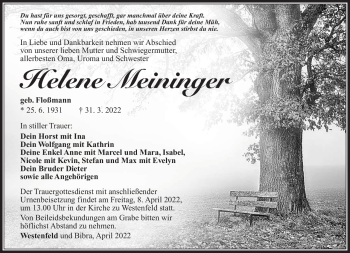 Traueranzeige von Helene Meininger von Südthüringer Presse