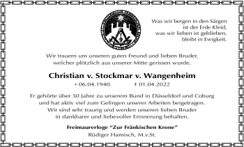 Traueranzeige von Christian v. Stockmar v. Wangenheim von Neue Presse Coburg