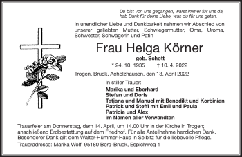 Traueranzeige von Helga Körner von Frankenpost