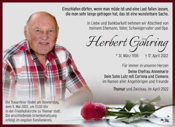 Traueranzeige von Herbert Göhring von Südthüringer Presse