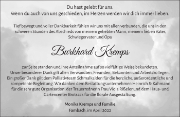 Traueranzeige von Burkhard Kremps von Südthüringer Presse
