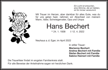 Traueranzeige von Hans Bechert von Frankenpost