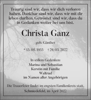 Traueranzeige von Christa Ganz von Südthüringer Presse