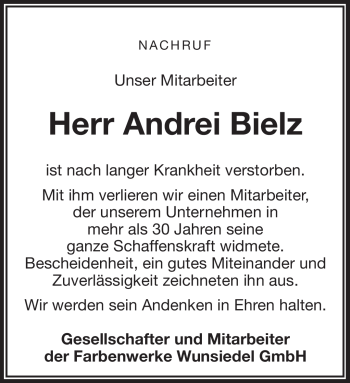 Traueranzeige von Andrei Bielz von Frankenpost