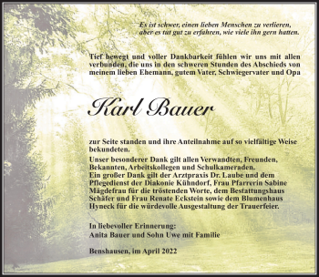 Traueranzeige von Karl Bauer von Südthüringer Presse