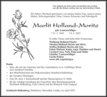 Traueranzeige von Marlit Holland-Moritz von Südthüringer Presse