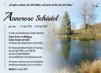 Traueranzeige von Annerose Schädel von Südthüringer Presse