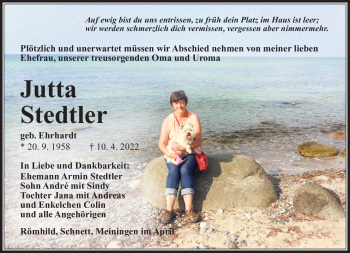 Traueranzeige von Jutta Stedtler von Südthüringer Presse
