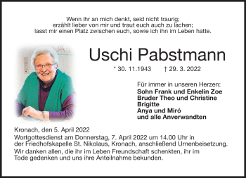 Traueranzeige von Uschi Pabstmann von Neue Presse Coburg