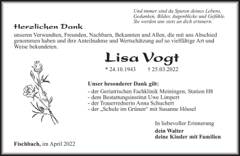 Traueranzeige von Lisa Vogt von Südthüringer Presse