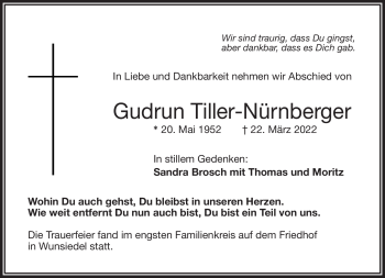 Traueranzeige von Gudrun Tiller-Nürnberger von Frankenpost