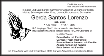 Traueranzeige von Gerda Santos Loenzo von Frankenpost