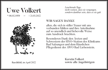 Traueranzeige von Uwe Volkert von Südthüringer Presse