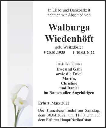 Traueranzeige von Walburga Wiedenhöft von Südthüringer Presse