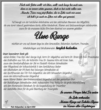 Traueranzeige von Uwe Runge von Südthüringer Presse