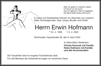 Traueranzeige von Erwin Hofmann von Frankenpost