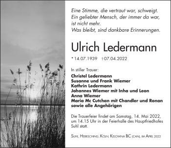 Traueranzeige von Ulrich Ledermann von Südthüringer Presse
