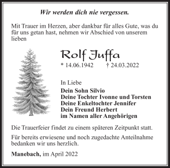 Traueranzeige von Rolf Juffa von Südthüringer Presse